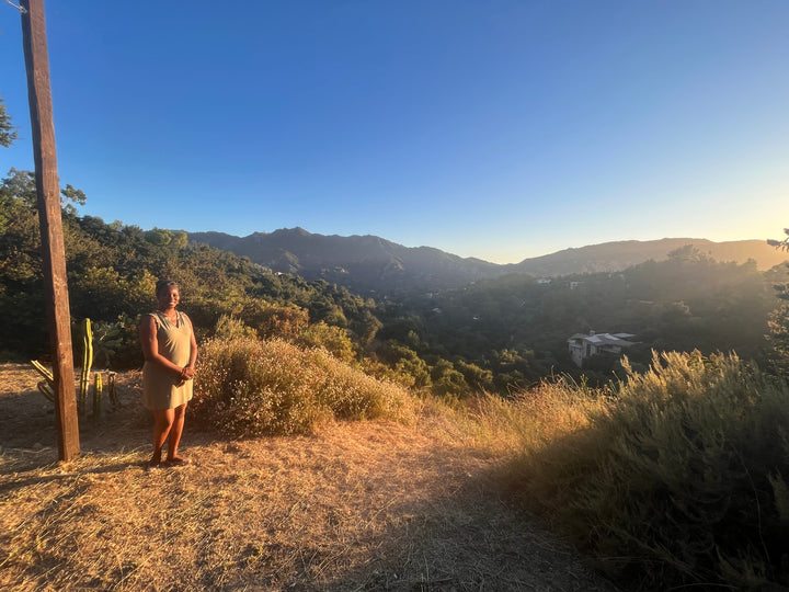 Women standing on left of screen over looking topanga canyon at dusk
